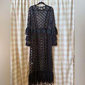 Black Polka Dot Mesh Maxi Dress - Lightweight Elegant Layering